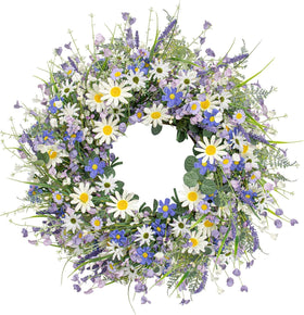 DIYFLORU 24-inch front door wreath with blue daisies and lavender.