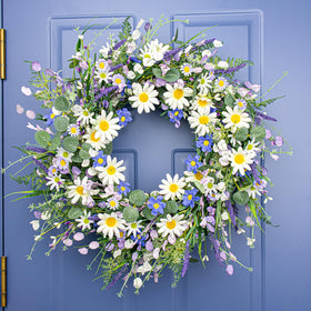 DIYFLORU wreath with daisies and lavender detail for elegant indoor displays.