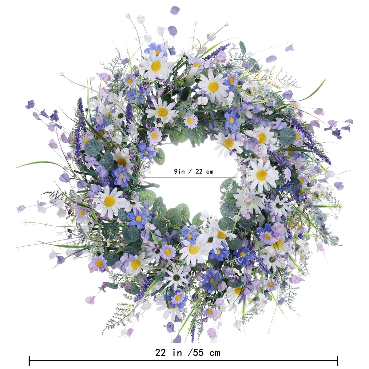 DIYFLORU cottage style wreath adds soft blue petals to doors.