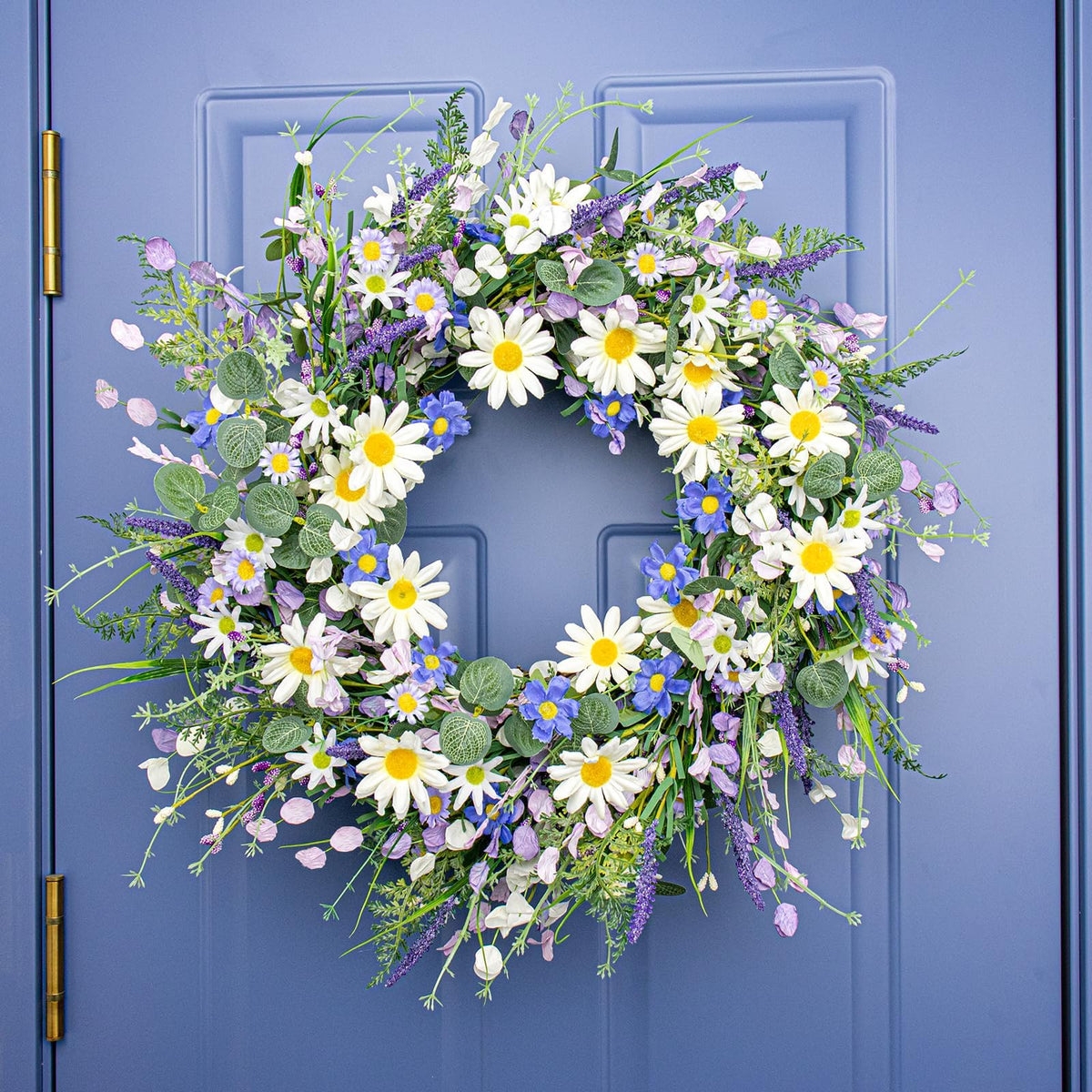 DIYFLORU wall decor wreath featuring blue daisies and lavender for a bright seasonal interior.