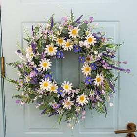 DIYFLORU window decor wreath in blue lavender and wildflowers enhances indoor and outdoor spaces.