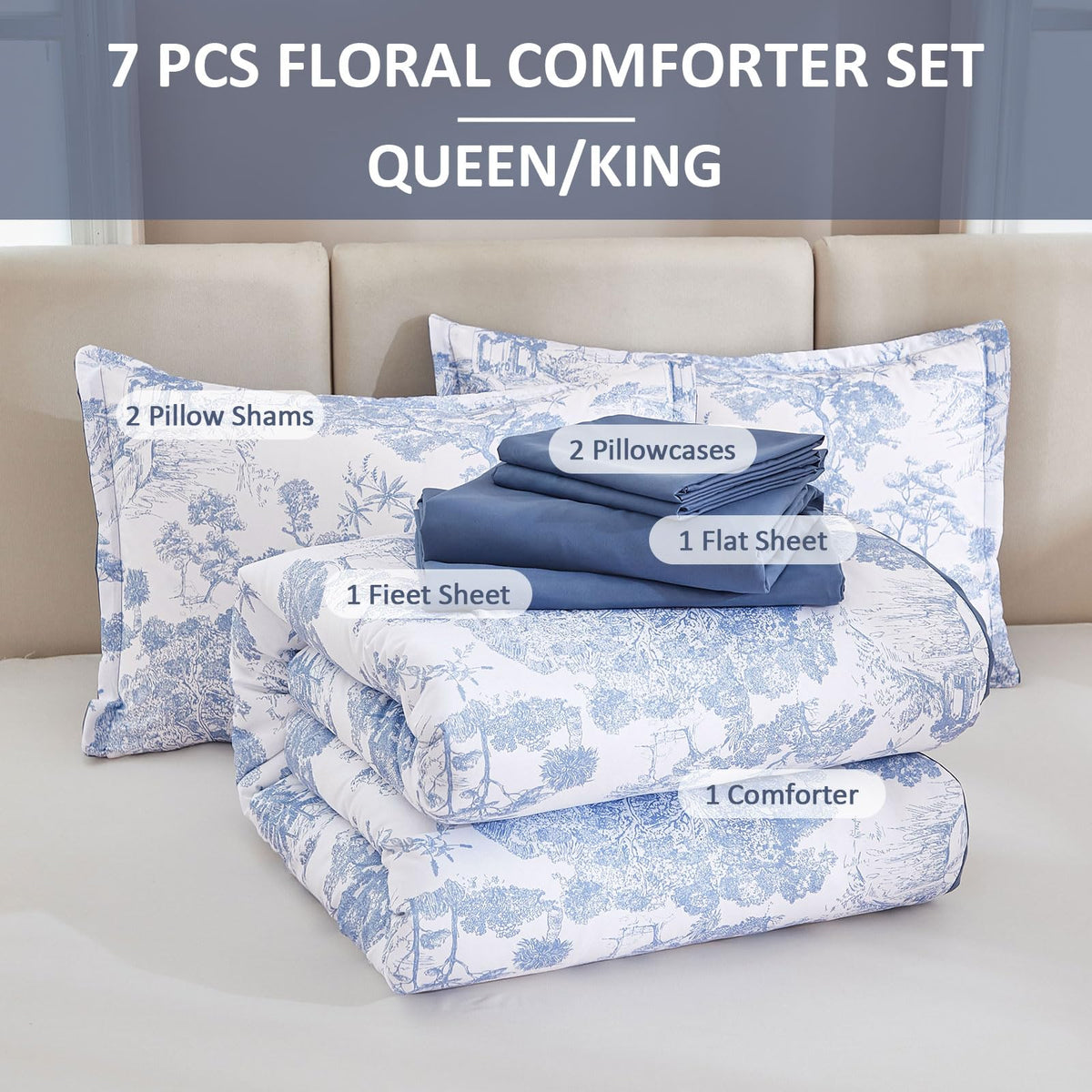 DJY blue comforter set king bedroom scene showcasing calming blue botanicals