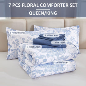 DJY blue comforter set king bedroom scene showcasing calming blue botanicals