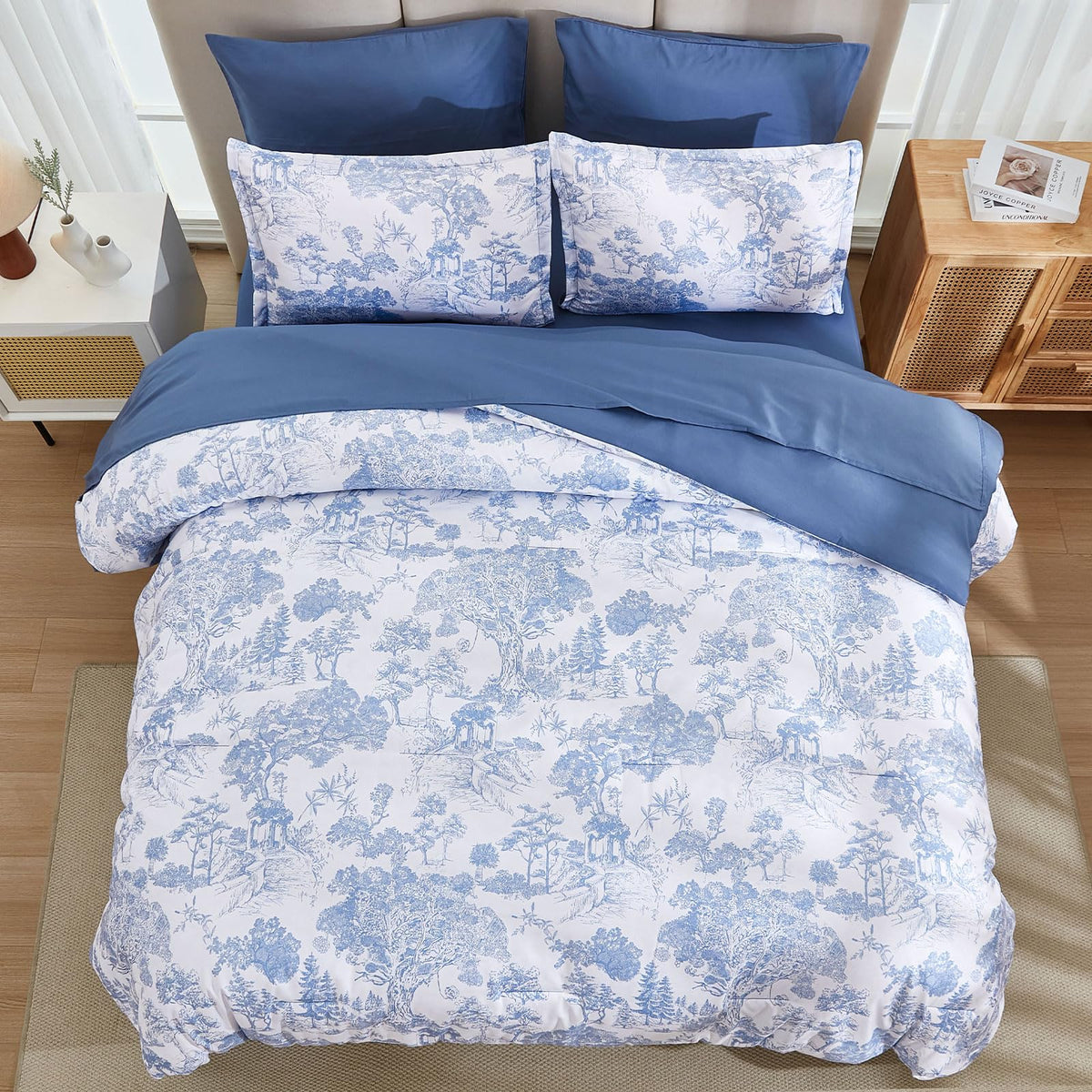 DJY blue floral sheets highlight vibrant botanical print and easy-care design.