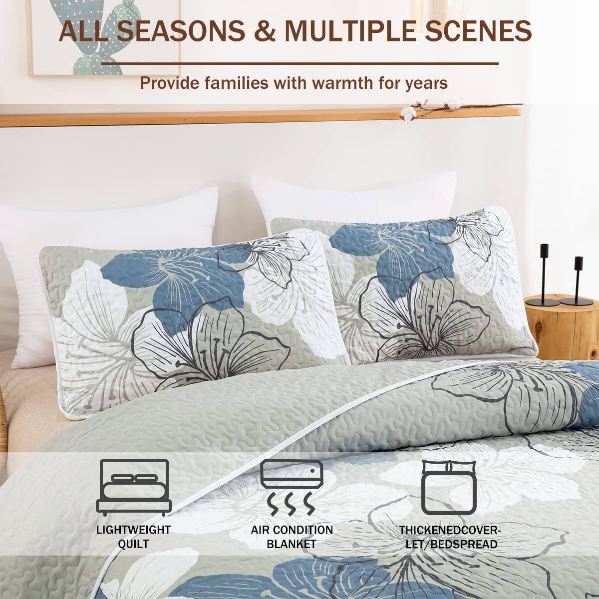 DJY boho lily pattern detail highlights elegant blue floral design on quilt.