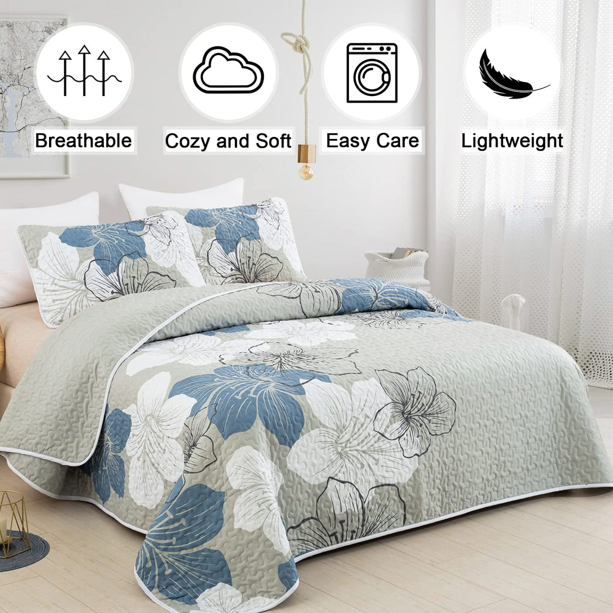 DJY floral quilt with blue pillow shams, 20x28, coordinated boho style.