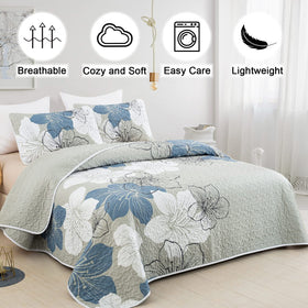 DJY floral quilt with blue pillow shams, 20x28, coordinated boho style.