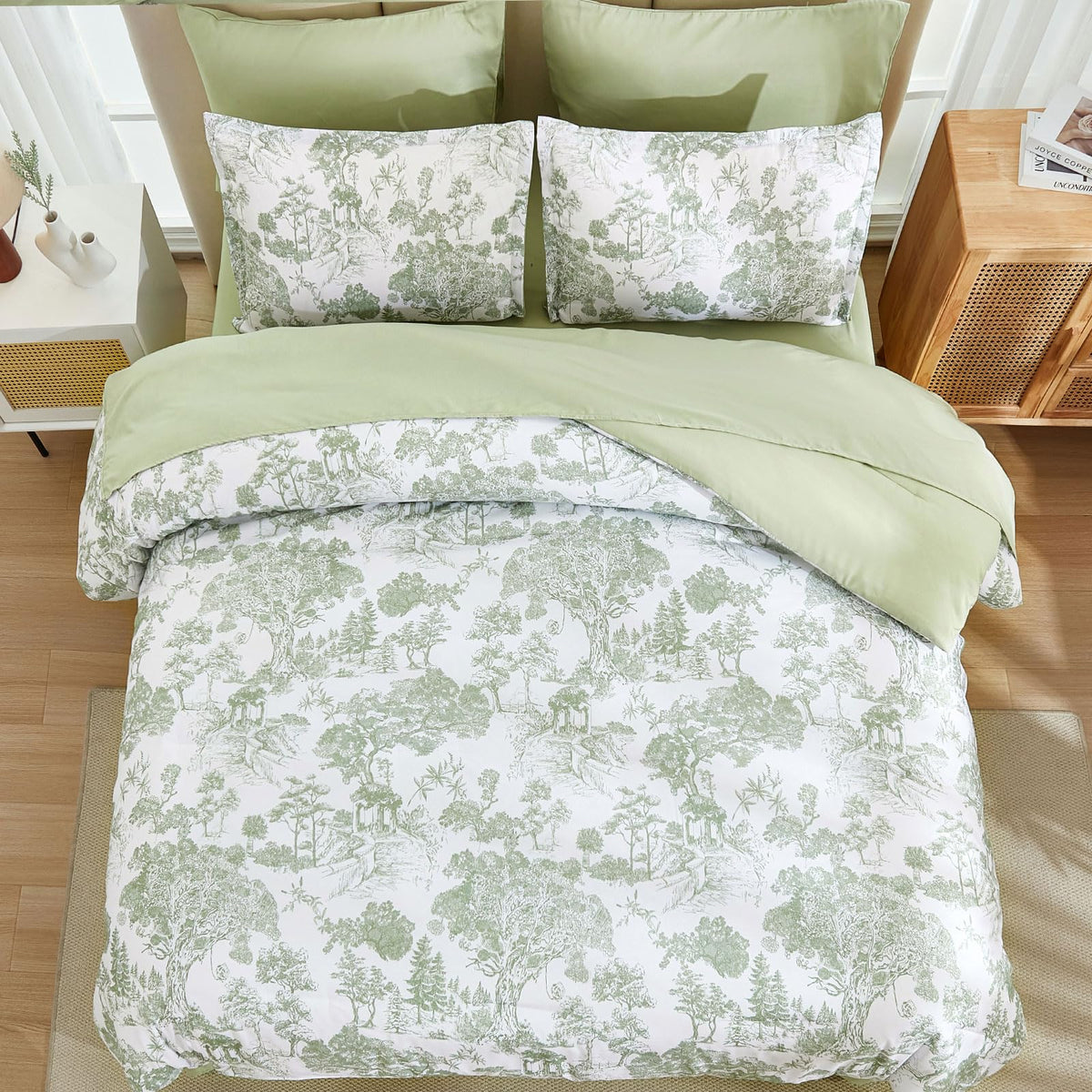 DJY Sage Green botanical design detail; elegant motifs on a white background