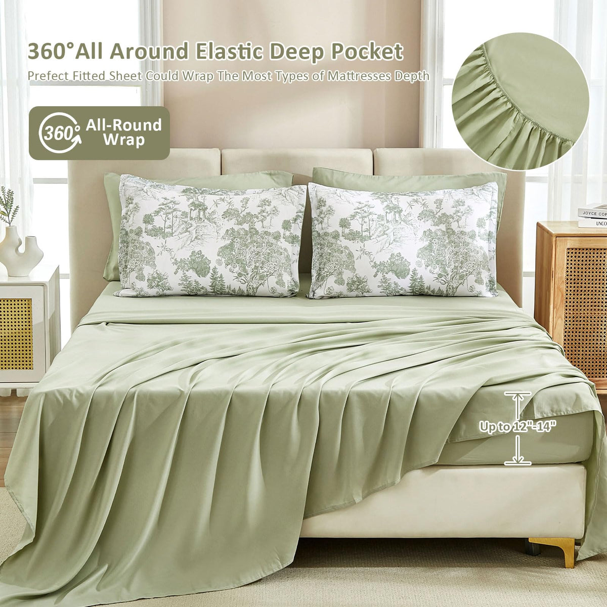 DJY Sage Green comforter close-up stitching; durable, no-shift fill