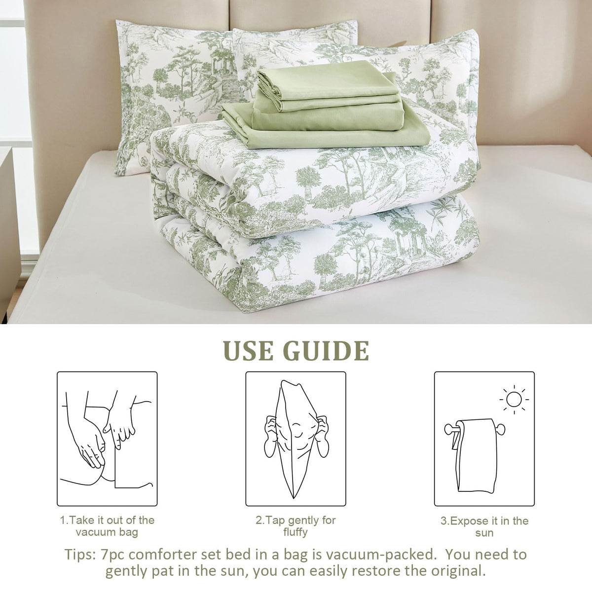 DJY Sage Green comforter vacuum-pack; easy restoration after unpacking