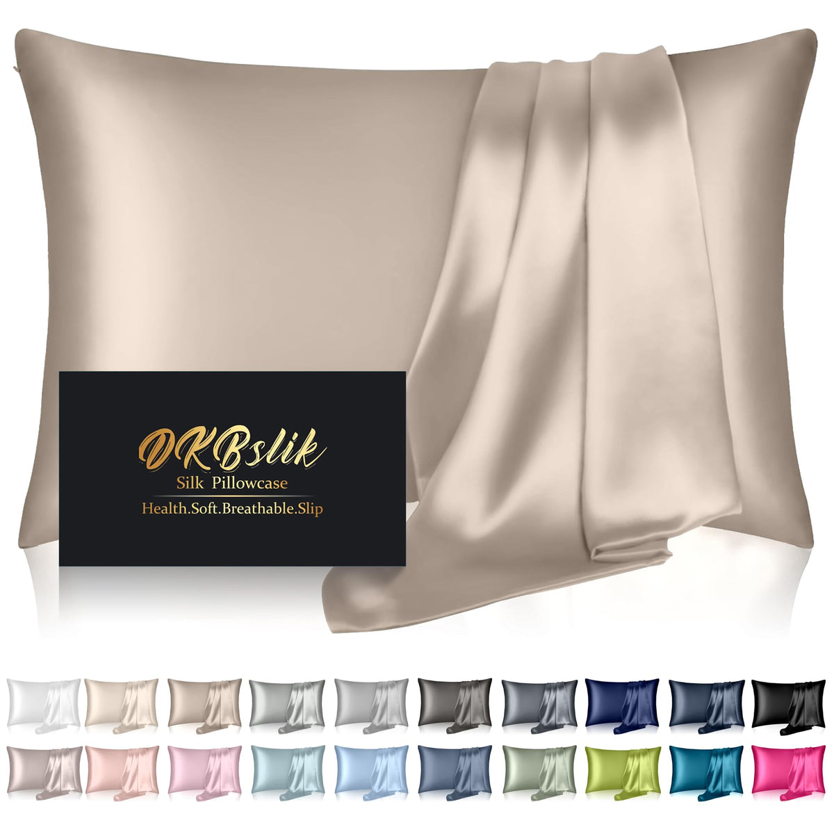 DKBslik mulberry silk pillowcase king size champagne, smooth surface for hair and skin.