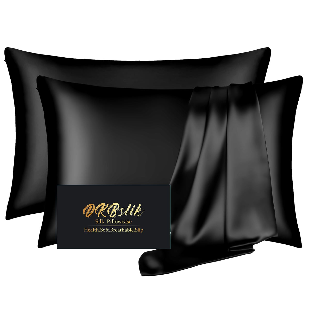 DKBslik silk pillowcase black zip-closeup for smooth skin and hair