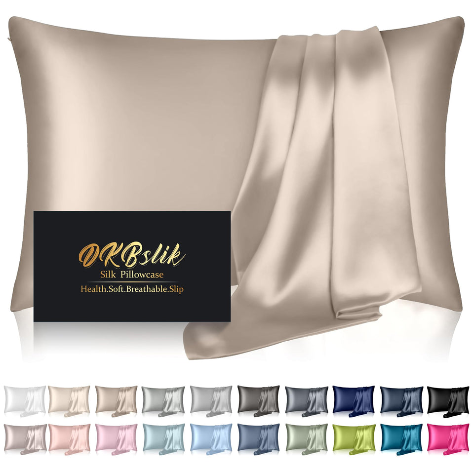 DKBslik silk pillowcase in champagne queen size on bed supports smooth skin and hair