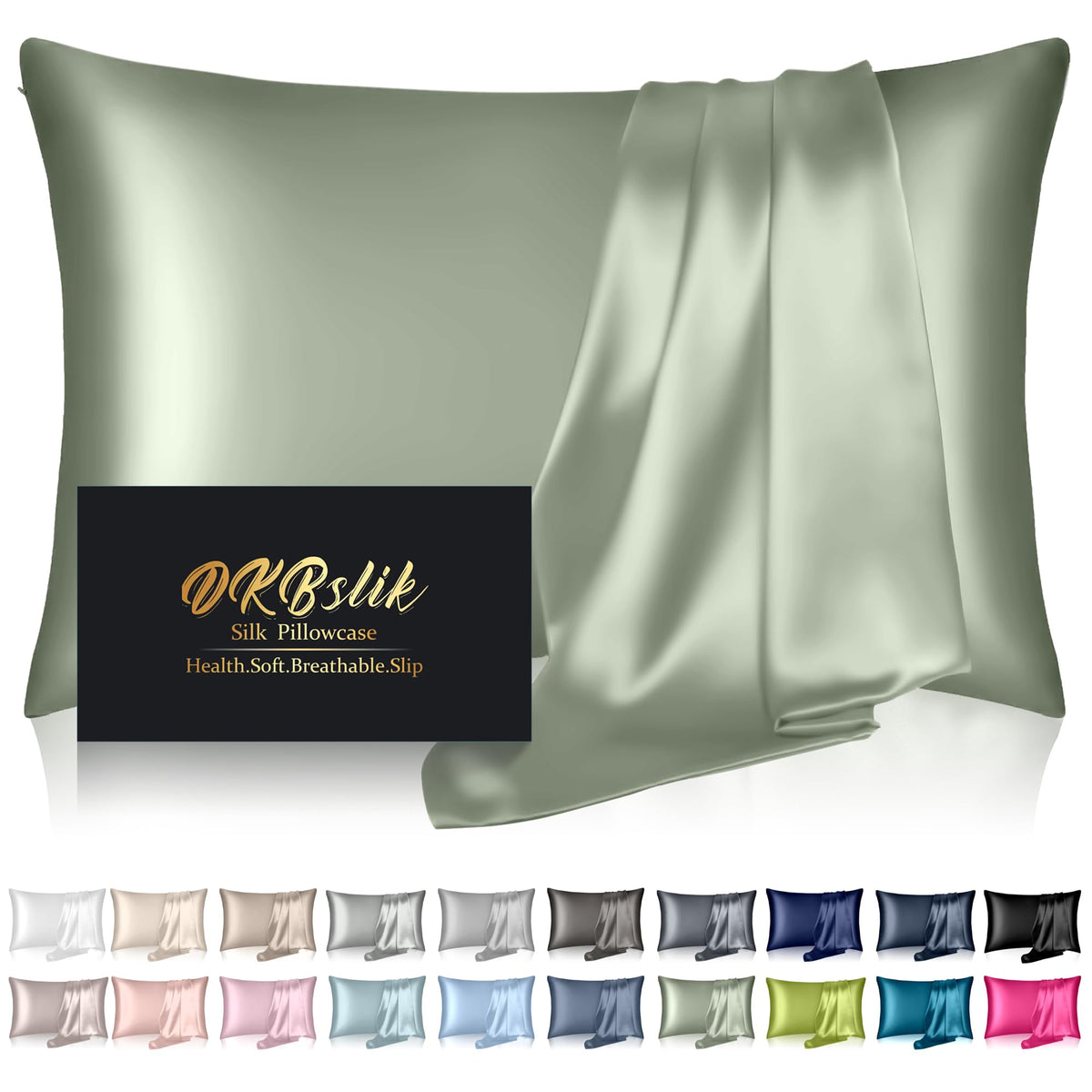 DKBslik silk pillowcase in sage green on king pillow for a smooth night's sleep