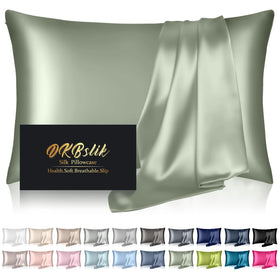 DKBslik silk pillowcase in sage green on king pillow for a smooth night's sleep