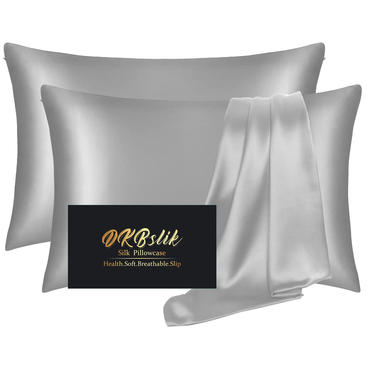 DKBslik silk pillowcase pack 2 gray front view shows smooth texture for skin and hair