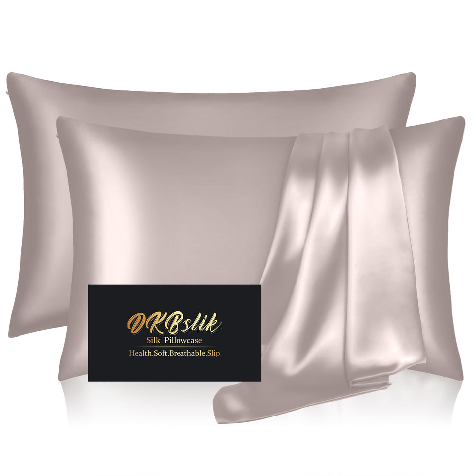 DKBslik silk pillowcase taupe pack 2 on display promoting restful sleep