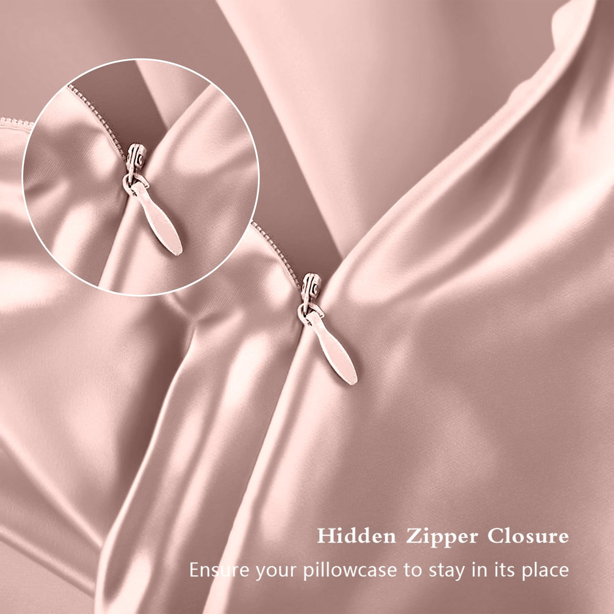 DKBslik silk pillowcase zipper closure detail, easy pillow insertion and secure fit.