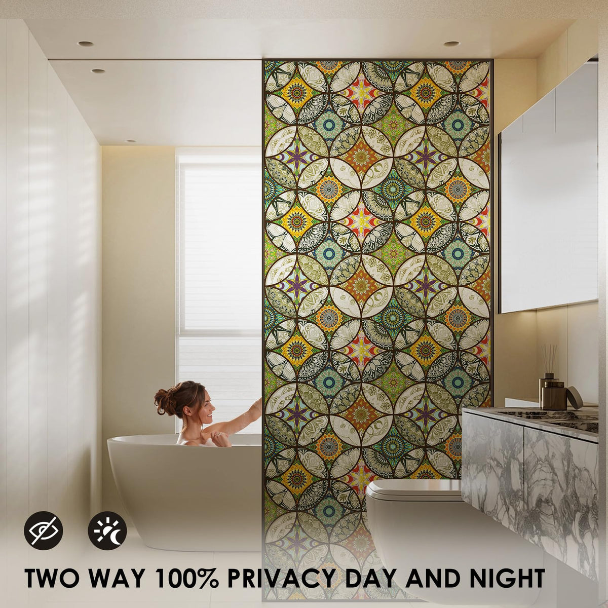 DKTIE stained glass window film for bathroom provides privacy with gentle daylight.