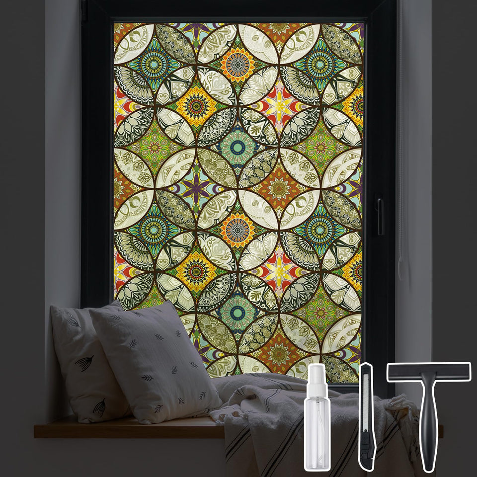 DKTIE stained glass window film on the front door adds privacy while filtering sunlight.
