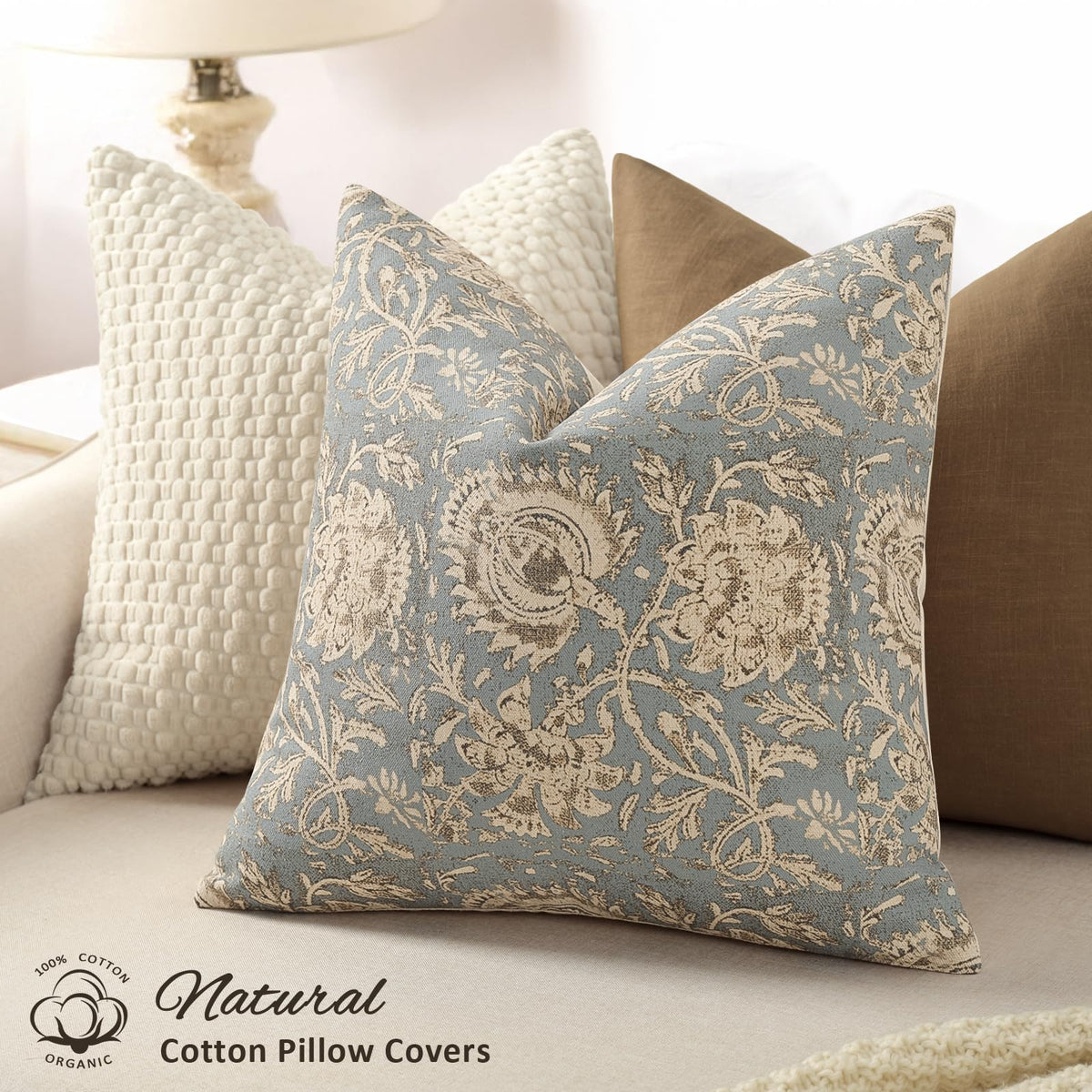 DKwizme sky blue vintage floral pillow cover pair on neutral sofa