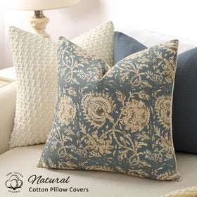 DKwizme vintage floral 18x18 cover in dusty blue showing soft cotton texture