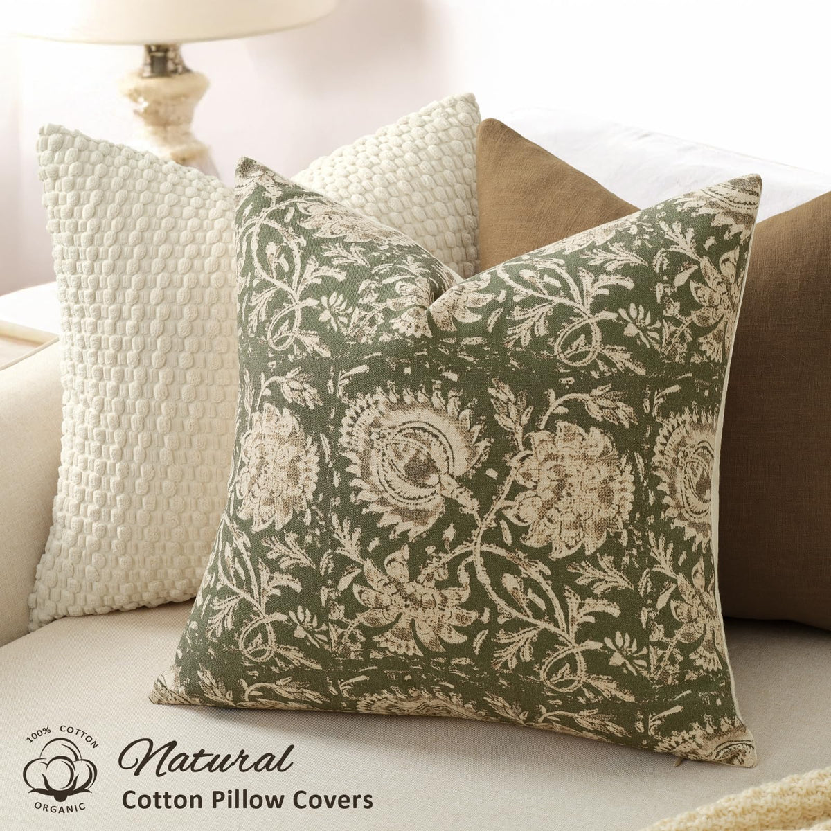 DKwizme vintage floral pillow cover back view olive green, sleek hidden zipper design