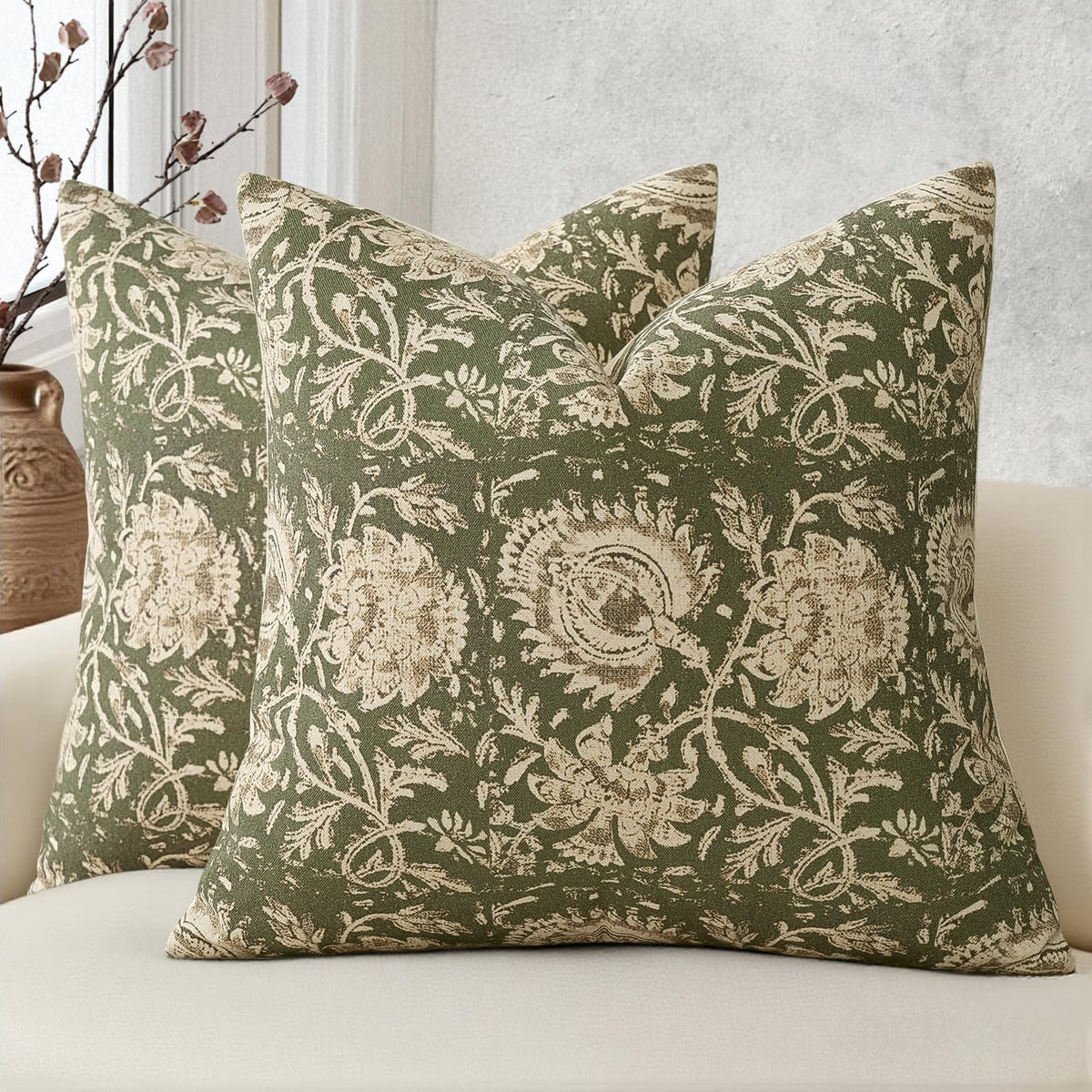 DKwizme vintage floral pillow cover front olive green with fade-resistant color for living spaces