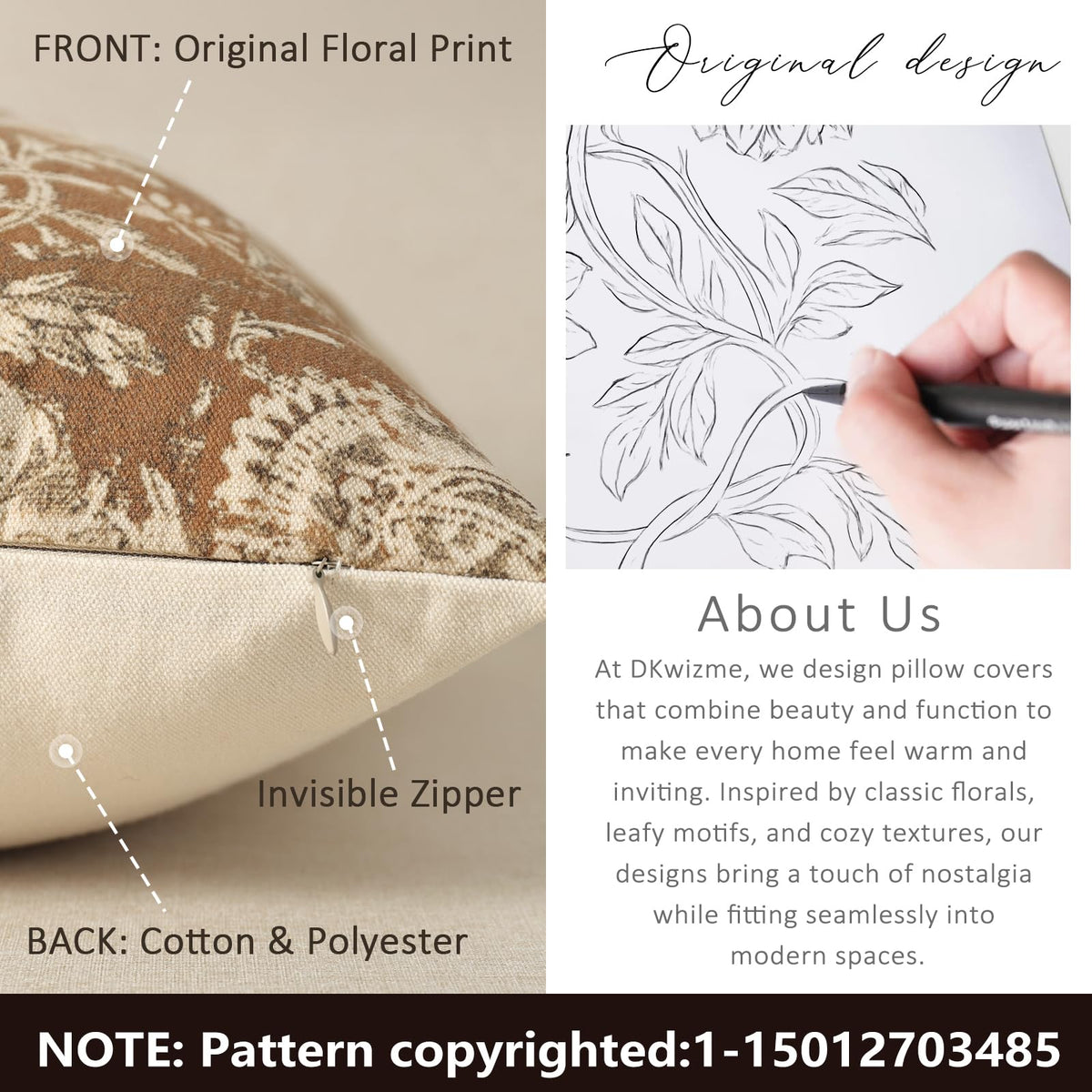 DKwizme vintage floral pillow cover 20x20, cognac, hidden zipper for neat look and easy insert.