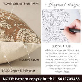 DKwizme vintage floral pillow cover 20x20, cognac, hidden zipper for neat look and easy insert.