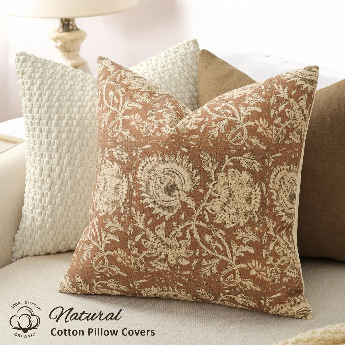 DKwizme vintage floral pillow cover 20x20, cognac, seam detail highlighting durability for everyday use.