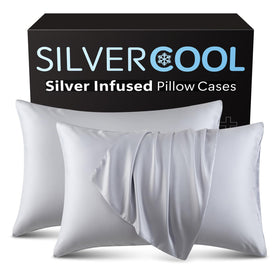 DLEECP silver-infused pillowcase in SilverGrey on a bed for cooler, fresher nights.