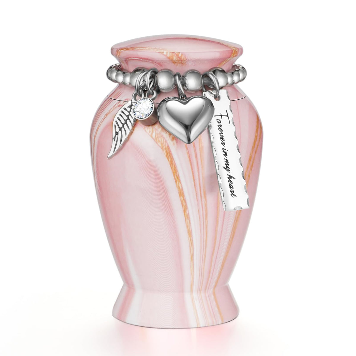 Dletay small urn pink gold vein front view, portable memorial.