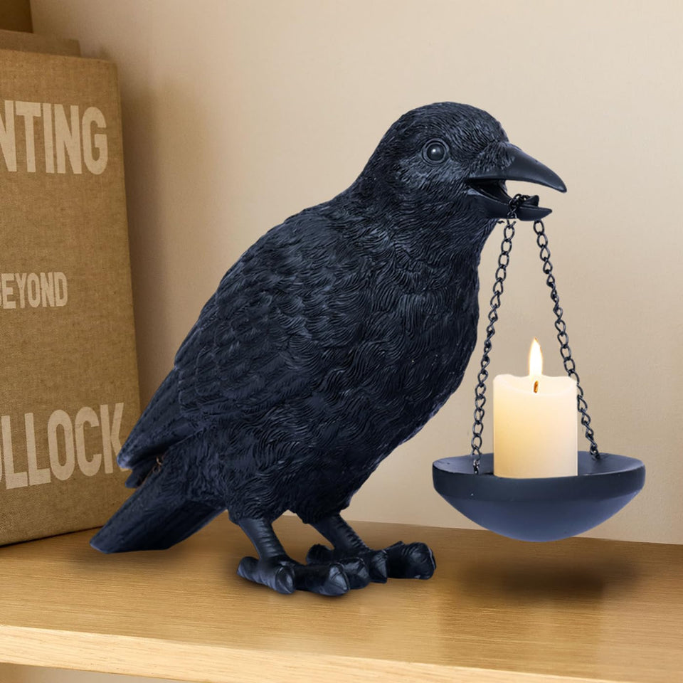 Dlfghos Raven lamp tealight holder with hanging dish for moody Halloween ambiance.