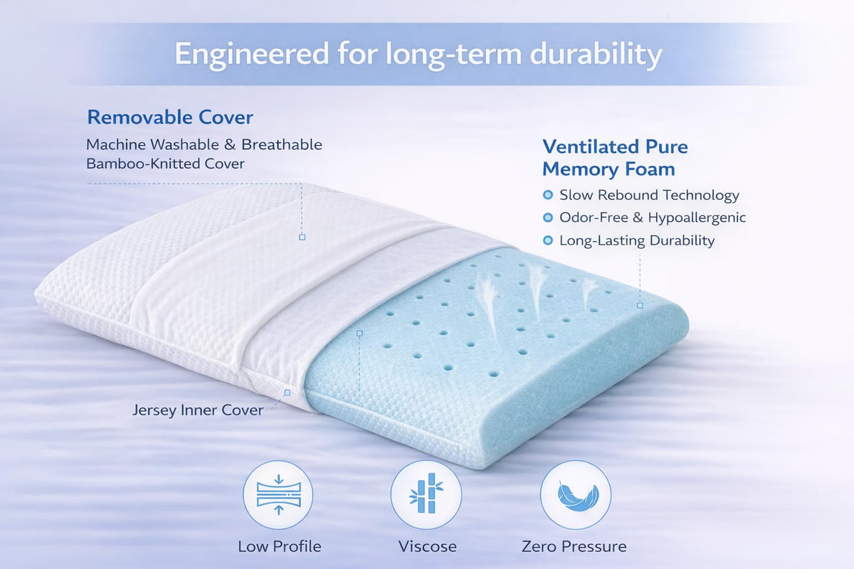 DLIGHT BD Slim memory foam core contours to head and neck for comfortable support.