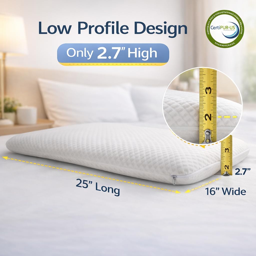 DLIGHT BD Ultra Slim Pillow side view highlights contouring support for neck and spine