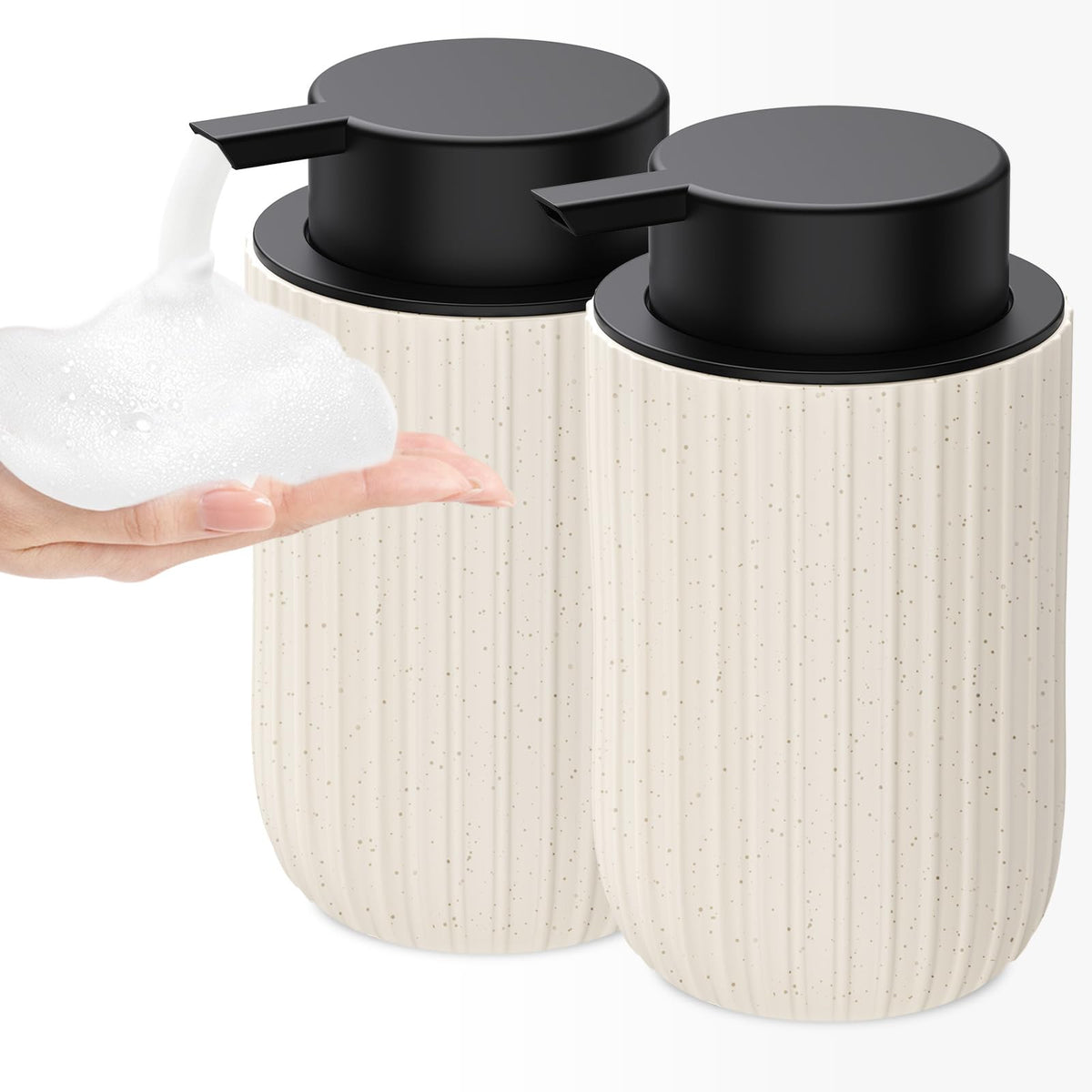 Dlirho speckled beige ceramic foam dispenser on kitchen sink, easy foam hand wash.