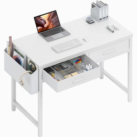 DLisiting 32-inch white desk with two drawers in a tidy bedroom for small spaces