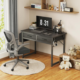DLisiting desk with open fabric drawer for organized storage.