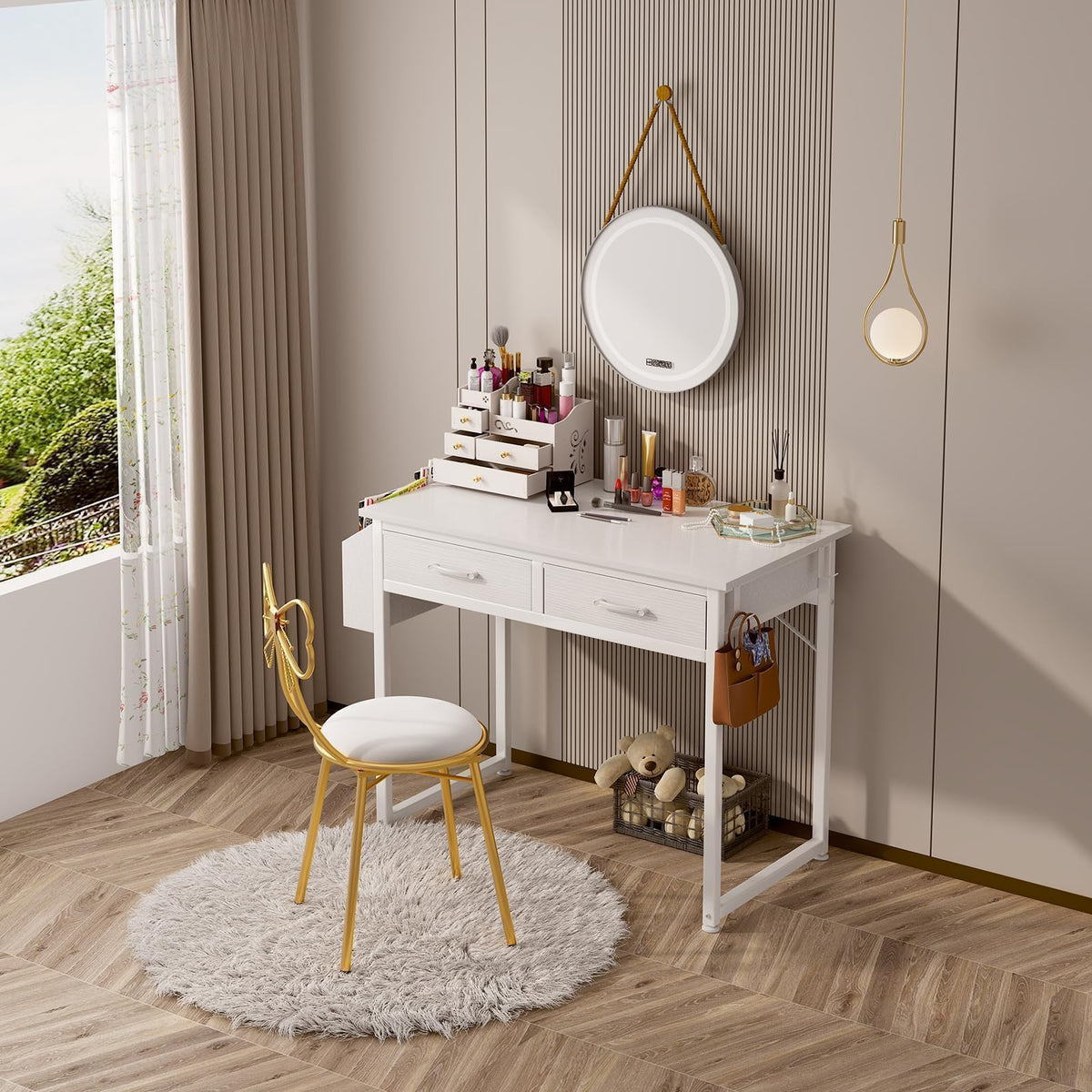 DLisiting desk placed in a small-space bedroom or dorm for efficient use