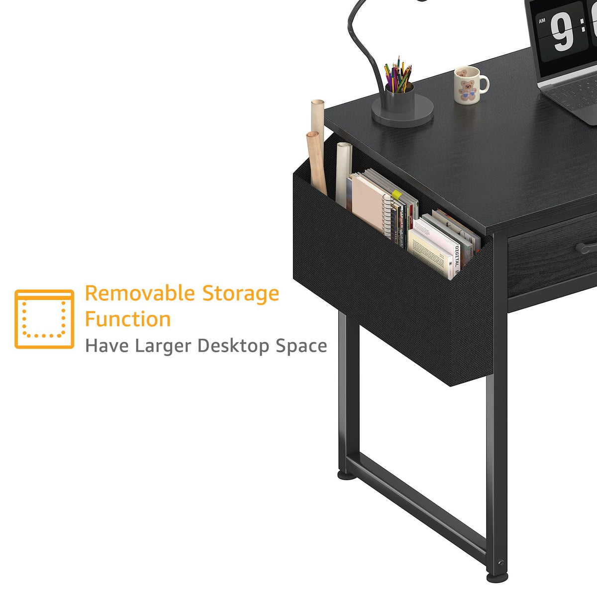Under-desk fabric drawers provide hidden storage without clutter.