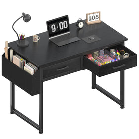 DLisiting small desk with fabric drawers, top view, space-saving study area.