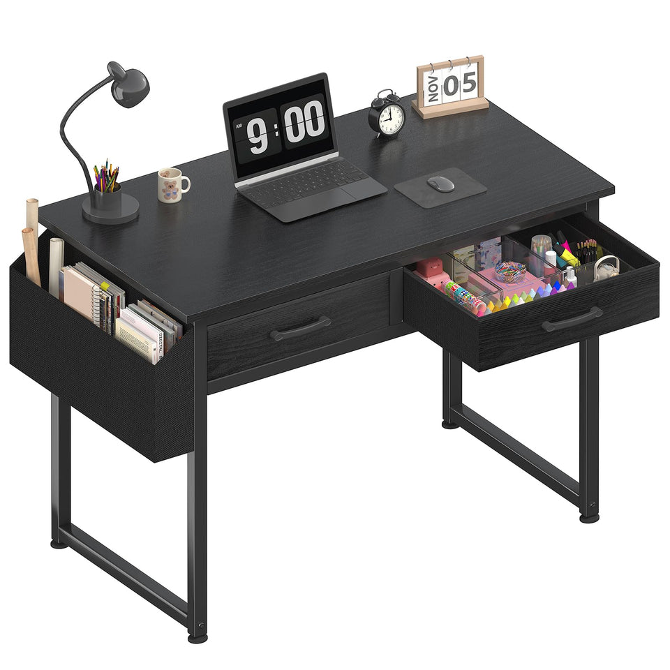 DLisiting small desk with fabric drawers, top view, space-saving study area.