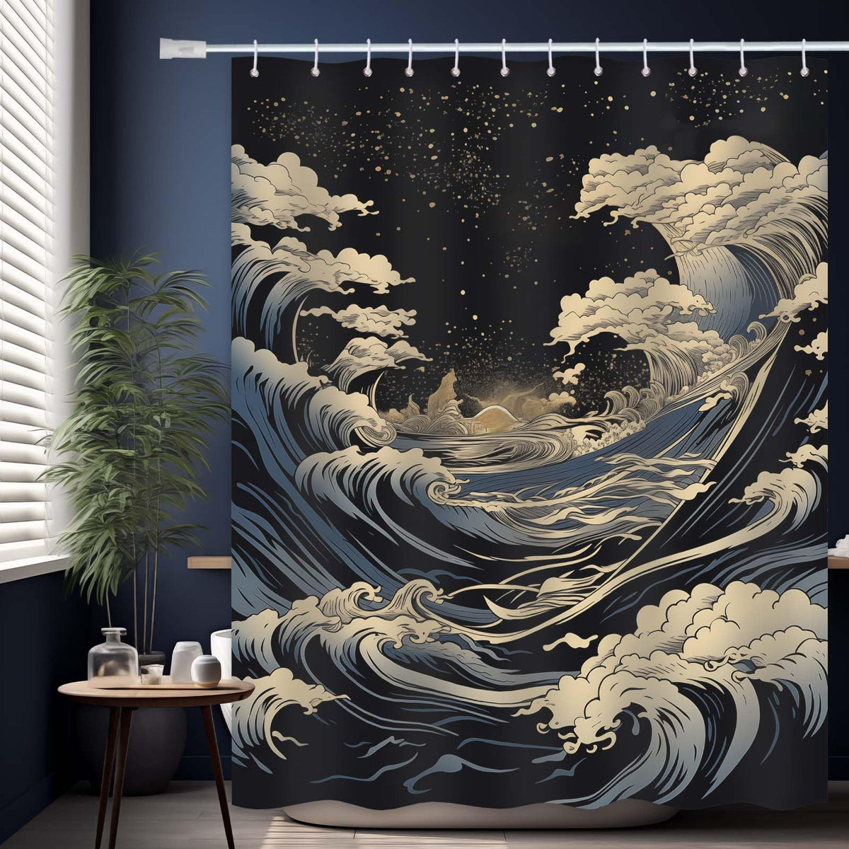 DLTAY Anime Shower Curtain Great Waves close-up showing quick-dry fabric for a tidy bathroom