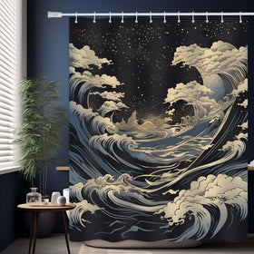DLTAY Anime Shower Curtain Great Waves close-up showing quick-dry fabric for a tidy bathroom