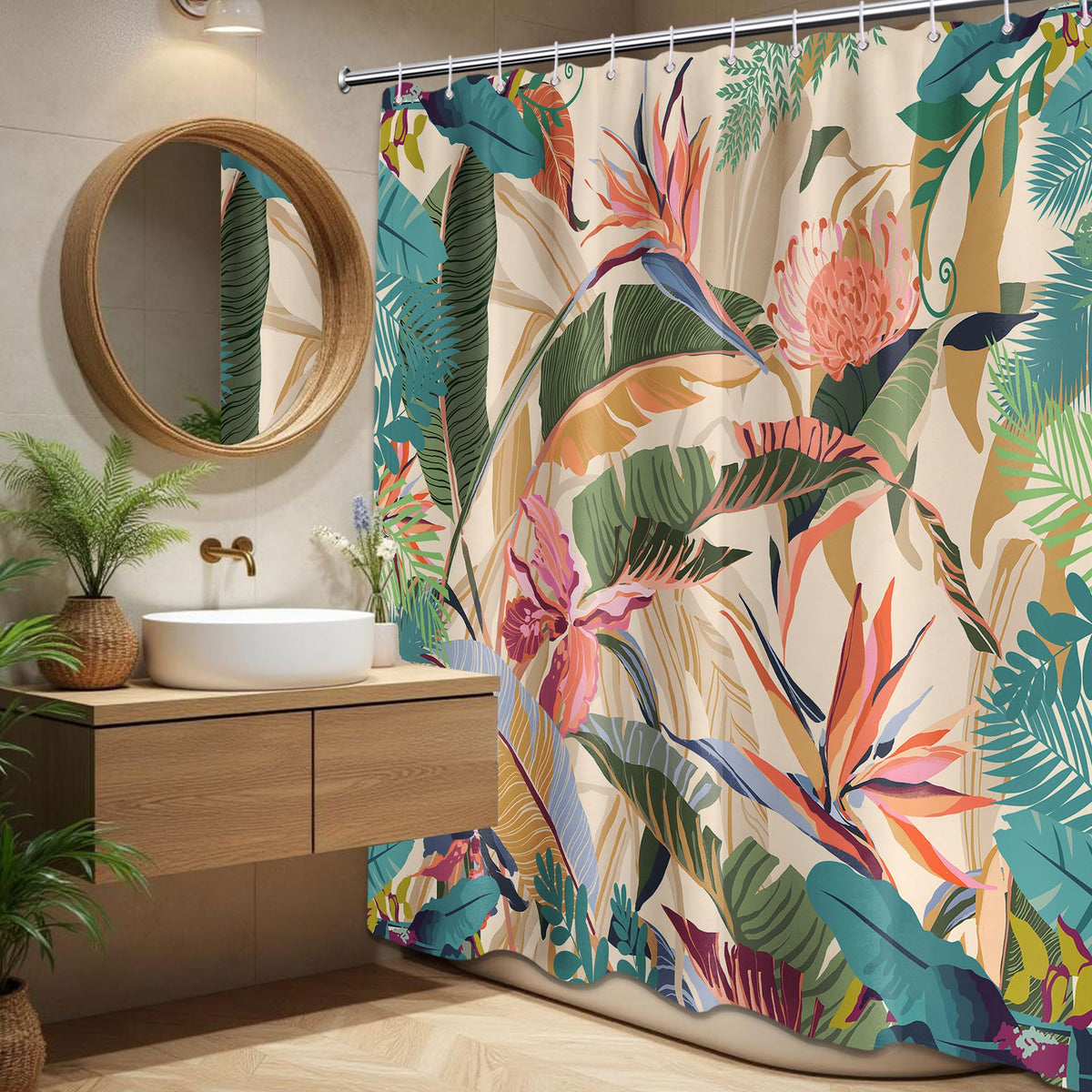 DLTAY colorful palm design curtain brightens the bathroom ambiance