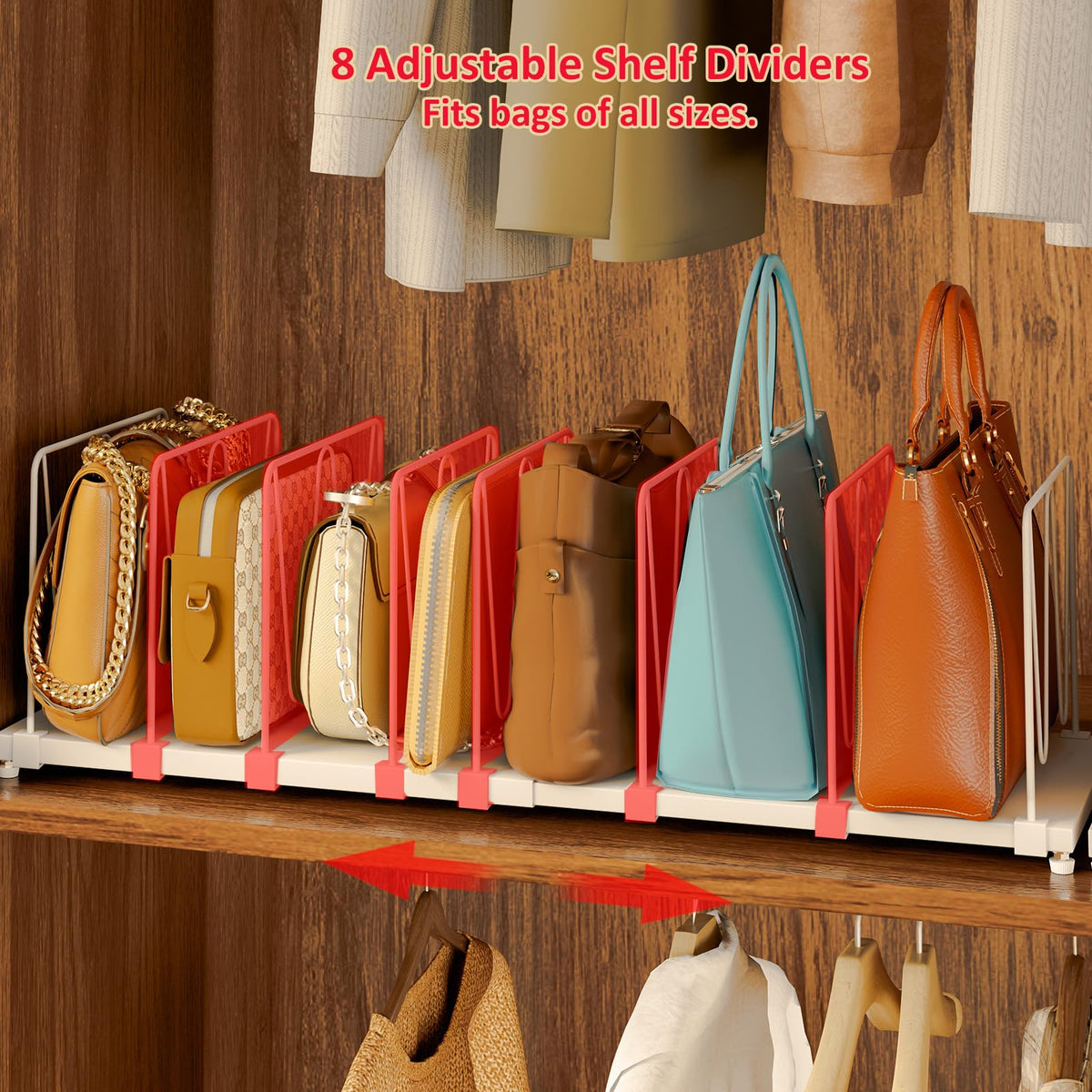 Dmevkic organizer with eight movable dividers enabling flexible purse layouts.