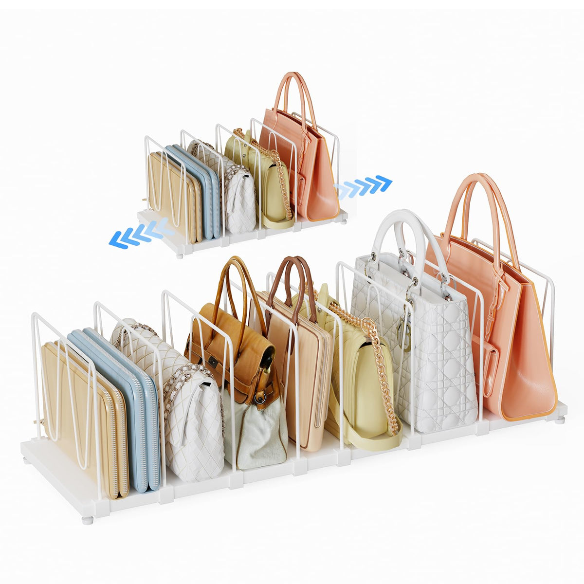 Dmevkic extendable purse organizer showing adjustable length for tight closets.