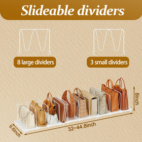 Dmevkic purses neatly arranged in organizer on a shelf