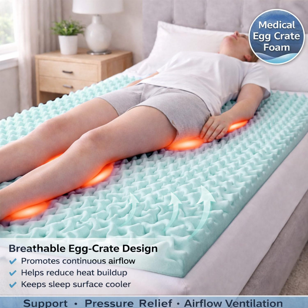 DMI egg crate foam topper supports back and shoulders for side sleepers.